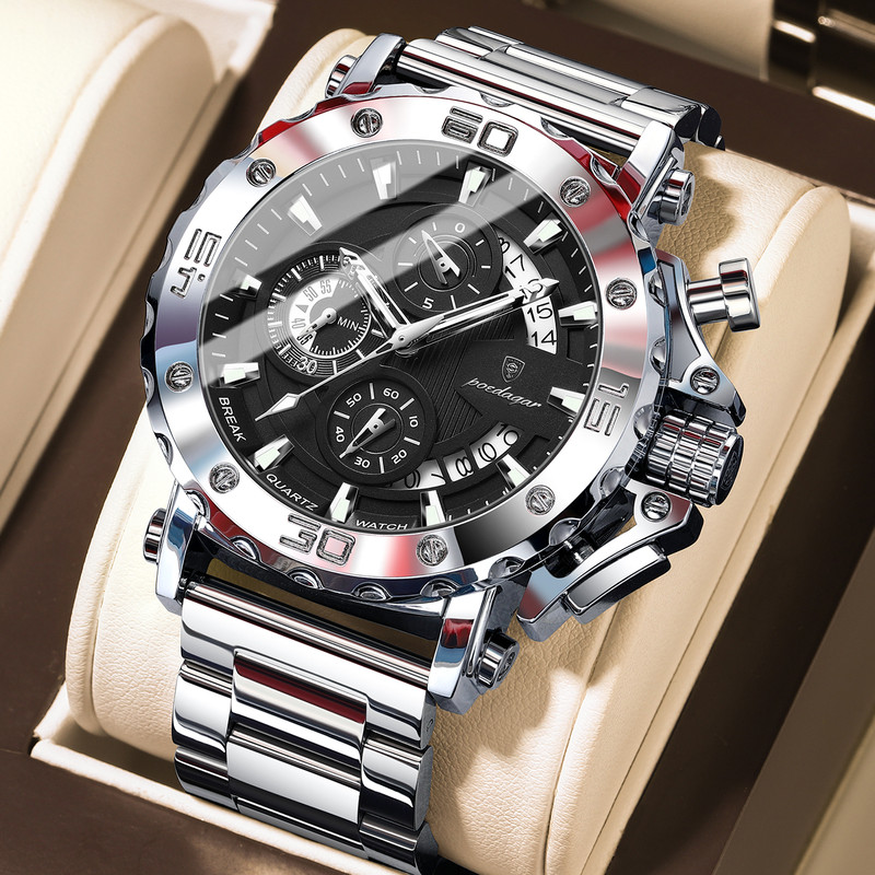 POEDAGAR Luxury Watch For Men, Calendar Quartz Chronograph, Waterproof Stainless Steel Luminous Man Clock