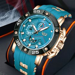 lige mens big dial military sports watch, top brand luxury quartz watch for men, waterproof silicone strap watch
