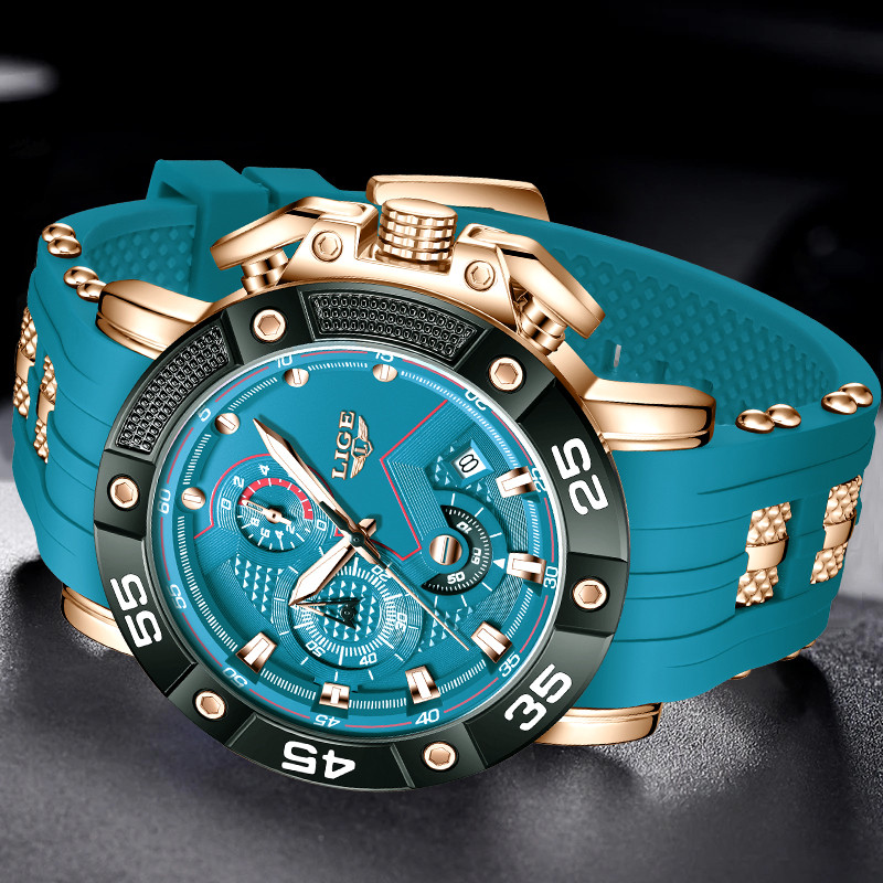 LIGE Mens Big Dial Military Sports Watch, Top Brand Luxury Quartz Watch for Men, Waterproof Silicone Strap Watch