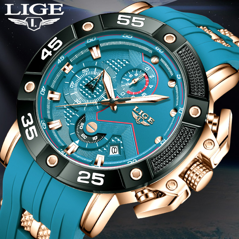 LIGE Mens Big Dial Military Sports Watch, Top Brand Luxury Quartz Watch for Men, Waterproof Silicone Strap Watch