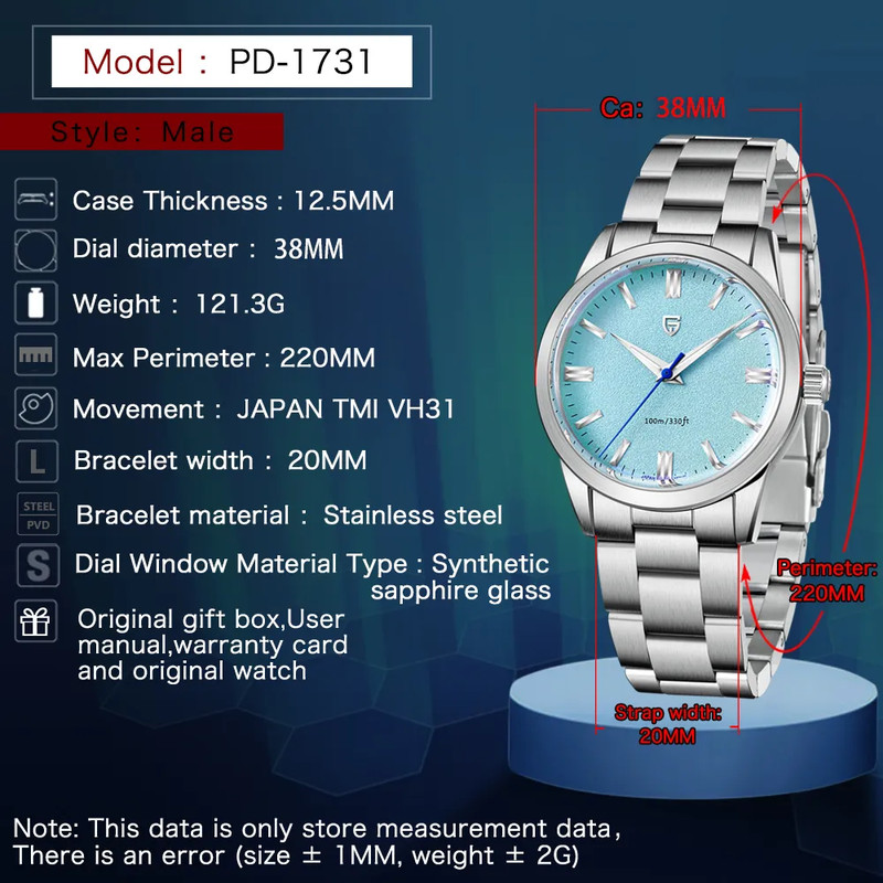 PAGANI DESIGN Quartz Watch for Men, Stainless Steel Case, AR Coating Sapphire, VH31 Sports Business Style