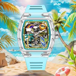 men mechanical watch by pindu, unique dial design summer beach style, fashion waterproof watch silicone strap