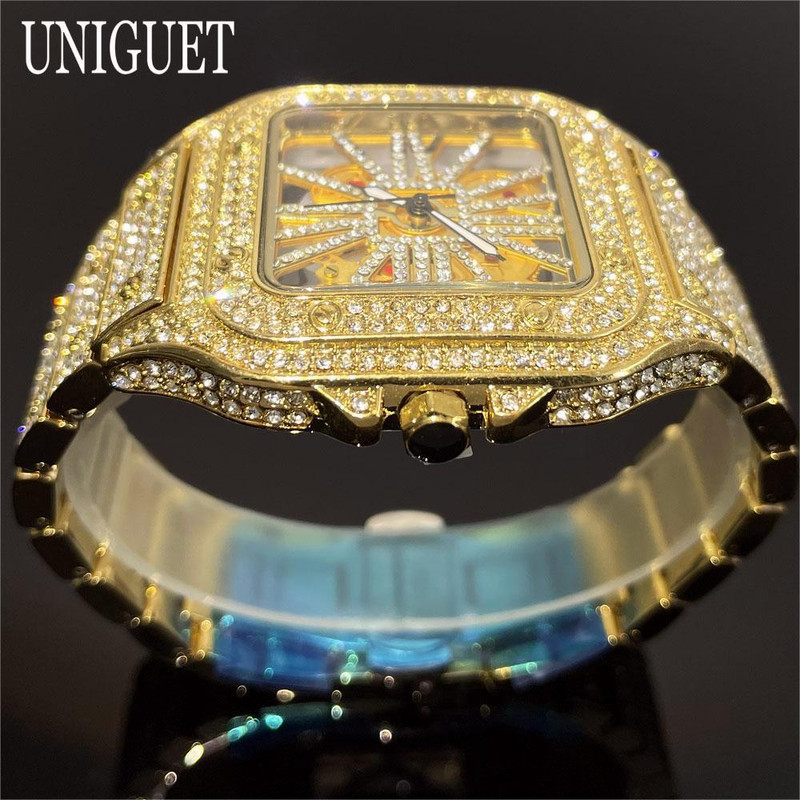 Luxury Gold Men Watch, Hip Hop Iced Out Square Quartz Wristwatch, Waterproof Hollow Fashion Clocks Reloj