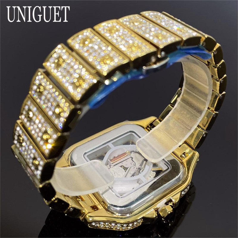 Luxury Gold Men Watch, Hip Hop Iced Out Square Quartz Wristwatch, Waterproof Hollow Fashion Clocks Reloj