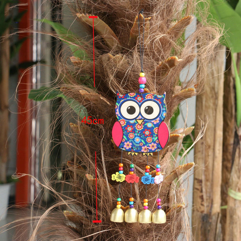 Painted Wooden Wind Chime, National Style Peacock & Owl Outdoor Wind Spinner with Bells, Home & Garden Decoration