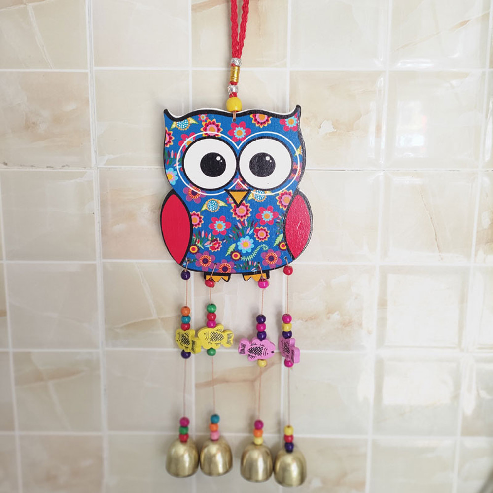 Painted Wooden Wind Chime, National Style Peacock & Owl Outdoor Wind Spinner with Bells, Home & Garden Decoration