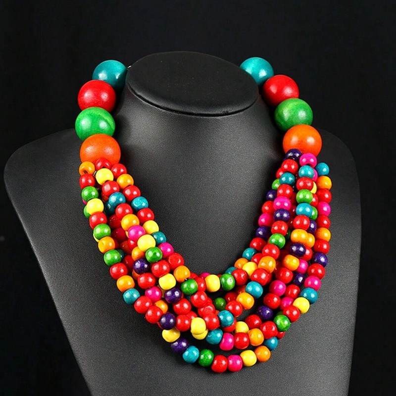 African Style Multi-Layer Wooden Bead Necklace, Handmade Beaded Bib Choker for Women, Summer Jewelry Accessories