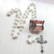 Elegant QIGO White Acrylic Pearl Rosary Necklace, Long Catholic Cross Pendant Religious Jewelry for Devotional Wear