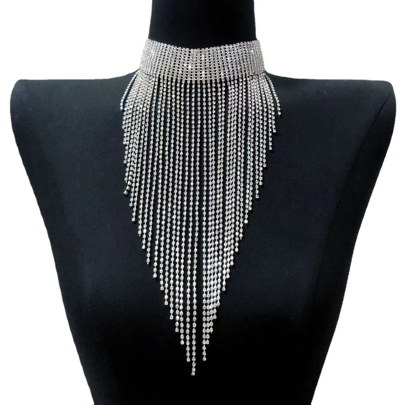 Luxurious Rhinestone Tassel Necklace, Fashionable & Elegant Womens Long Necklace for Party & Evening Dress Accessories