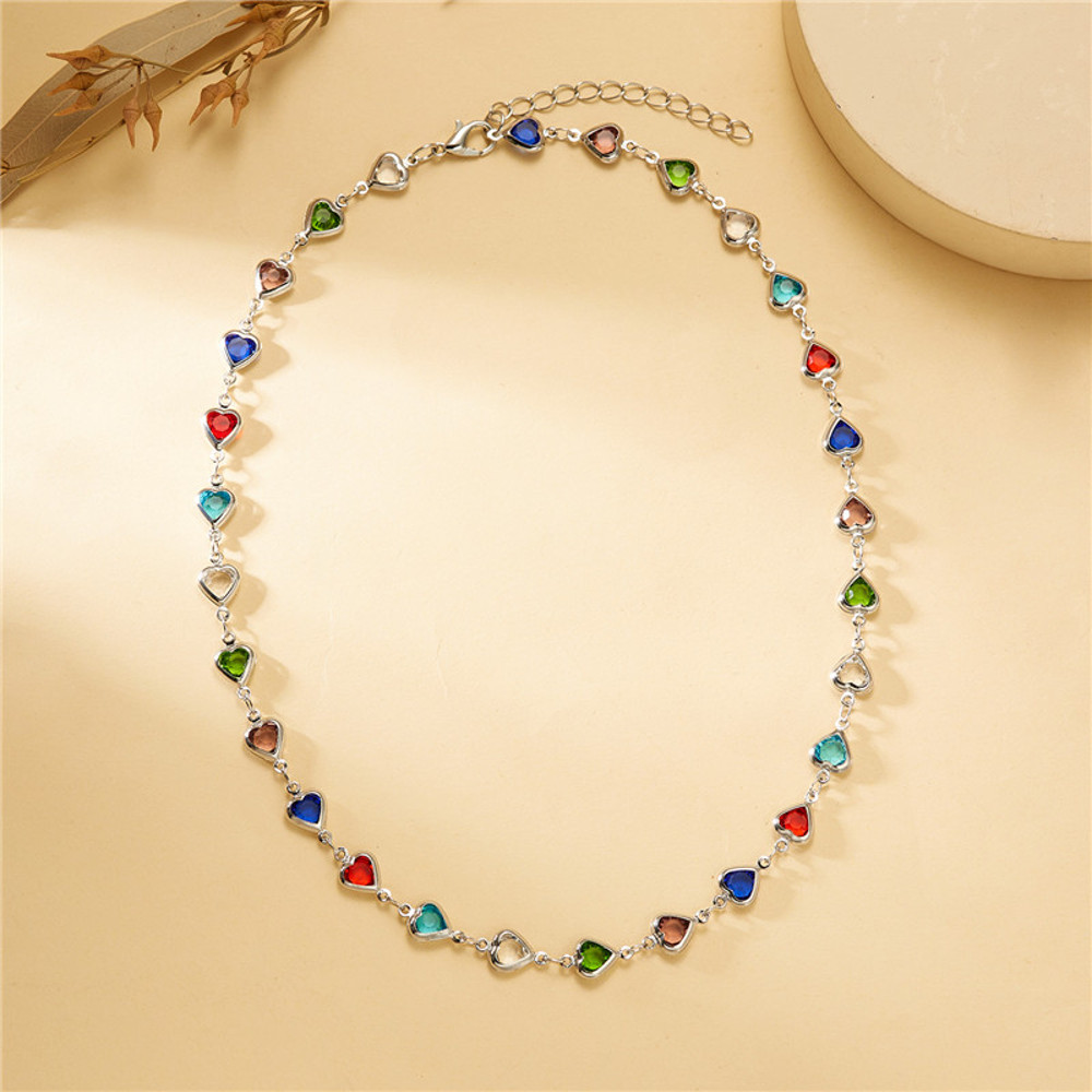 Colorful Crystal Heart Choker Necklace for Women, Zircon Charm Metal Chain Necklace, Elegant Party Birthday Jewelry Gift