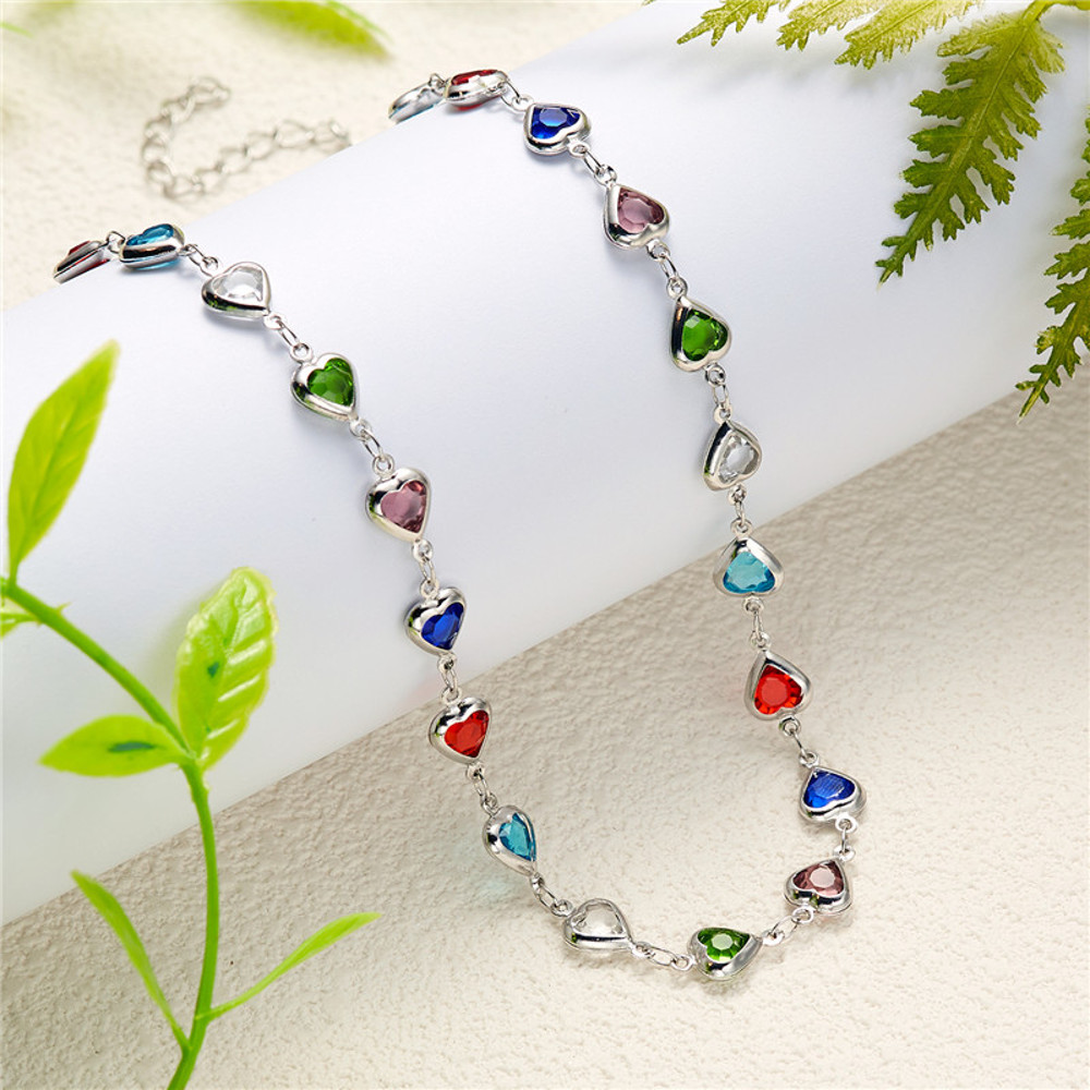 Colorful Crystal Heart Choker Necklace for Women, Zircon Charm Metal Chain Necklace, Elegant Party Birthday Jewelry Gift
