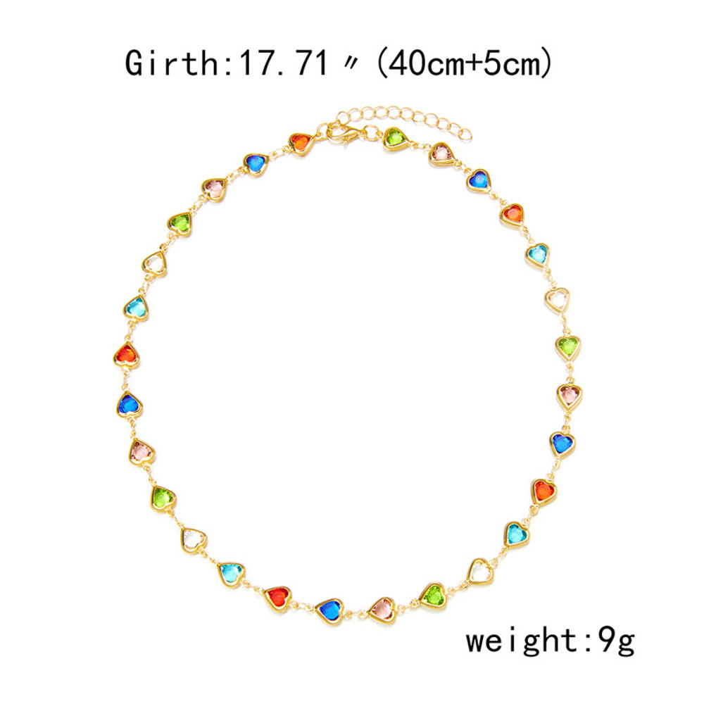 Colorful Crystal Heart Choker Necklace for Women, Zircon Charm Metal Chain Necklace, Elegant Party Birthday Jewelry Gift