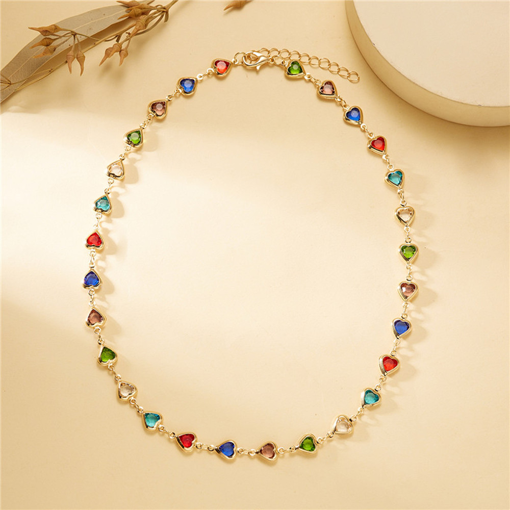 Colorful Crystal Heart Choker Necklace for Women, Zircon Charm Metal Chain Necklace, Elegant Party Birthday Jewelry Gift