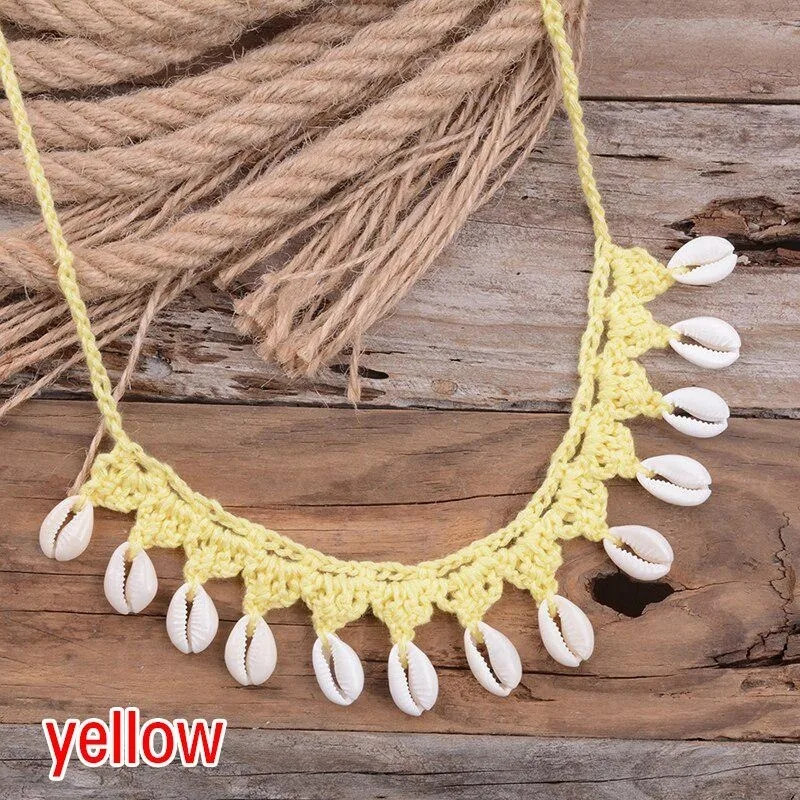 Bohemian Shells Necklace for Women, Handmade Woven Rope Chain Choker, Summer Beach Beaded Jewelry