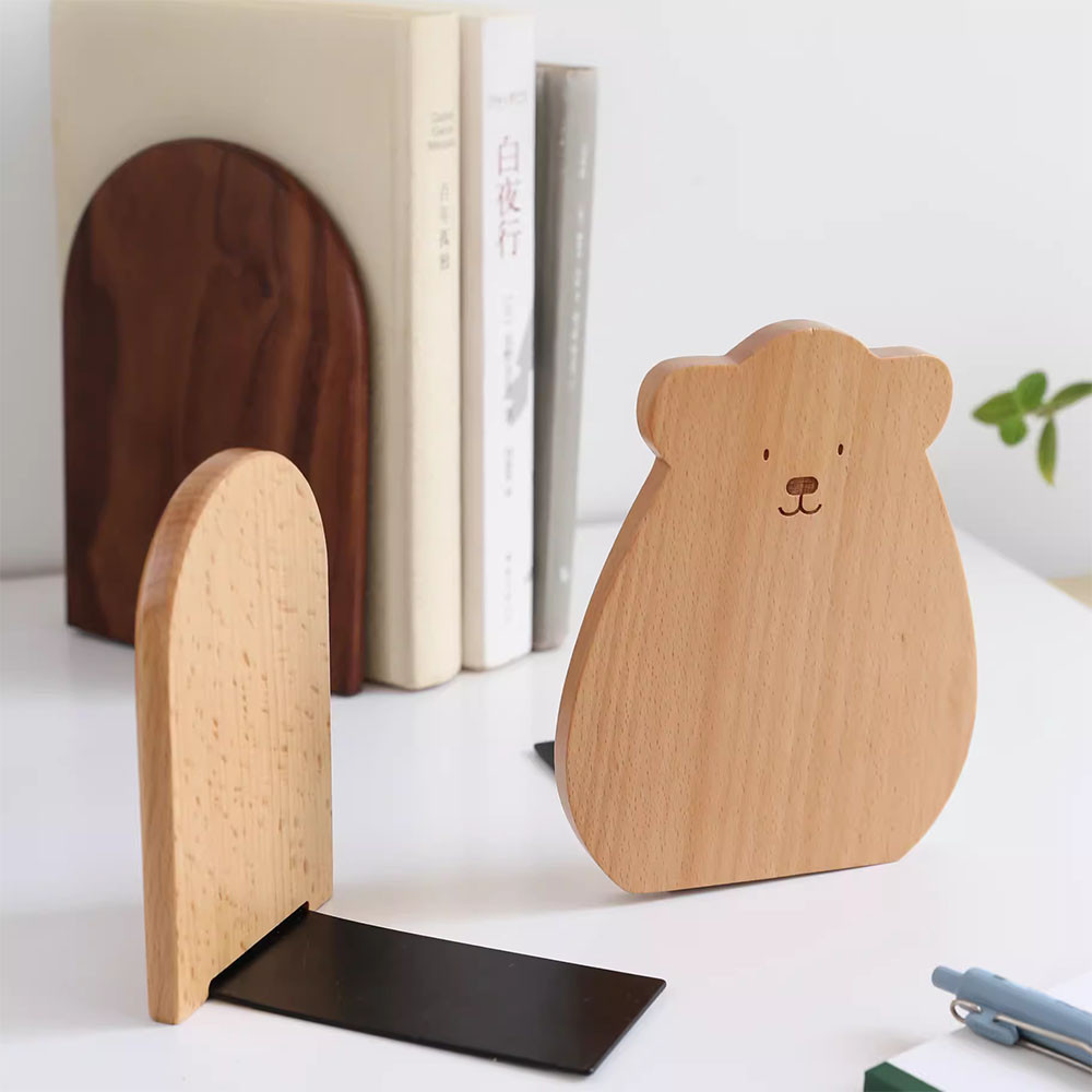 Nature Wooden Bookends, Desktop Bookshelf Desk Organizer for Office & Home, Sturdy Wood Book Ends for Storage Decoration
