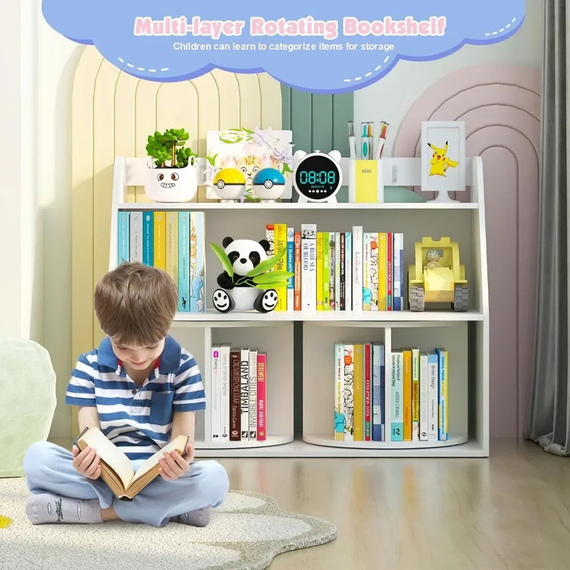 3-Tier Kids Bookshelf with 2 Rotating Shelves, Multi-Functional Toddler Bookcase & Toy Organizer for Nursery, Playroom