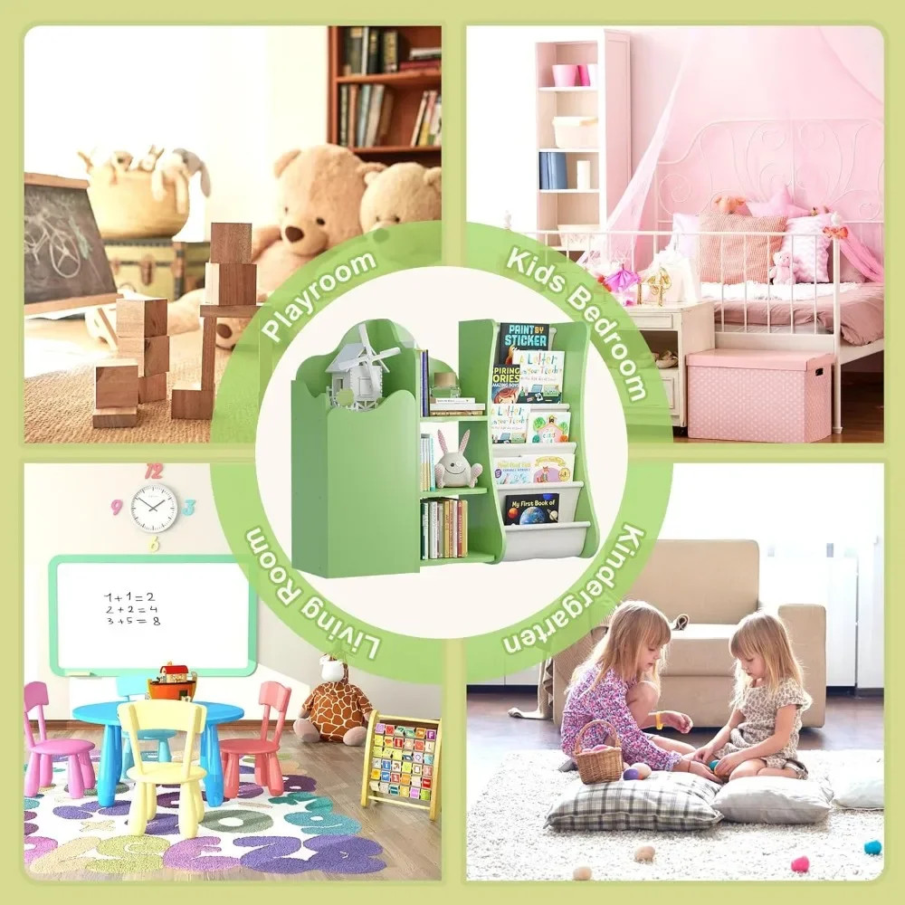 Children Treehouse Bookcase & Toy Storage, Green Kids Book Shelf for Toddler Rooms, Baby Bookshelf with Doors