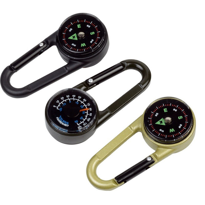 3-in-1 Compass Thermometer Carabiner Clip – Double-Sided Metal Keyring for Outdoor Hiking & Survival