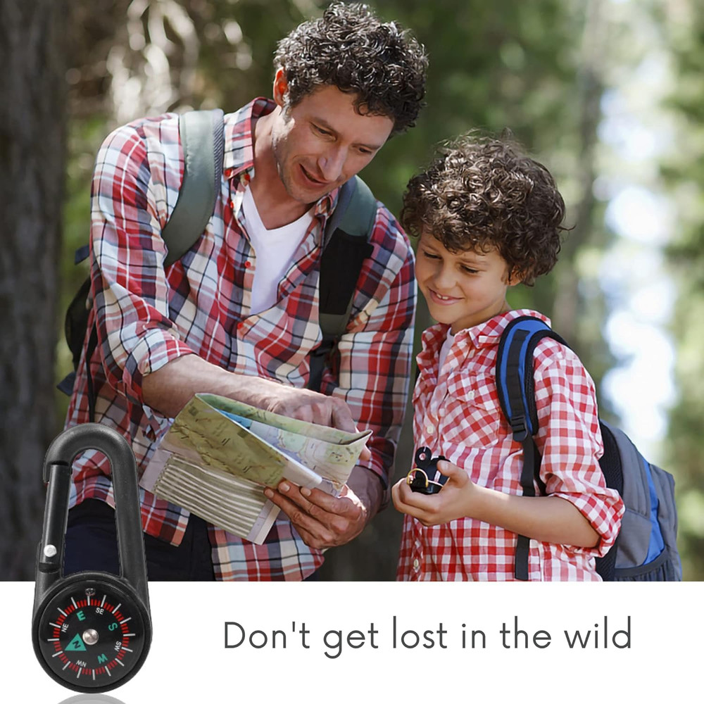 3-in-1 Compass Thermometer Carabiner Clip – Double-Sided Metal Keyring for Outdoor Hiking & Survival