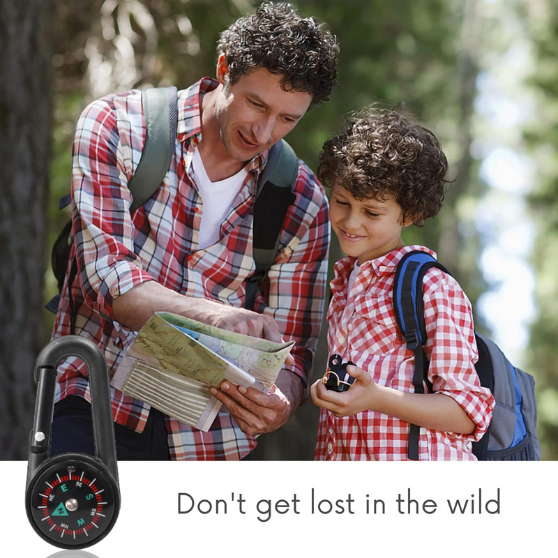 3-in-1 Compass Thermometer Carabiner Clip – Double-Sided Metal Keyring for Outdoor Hiking & Survival