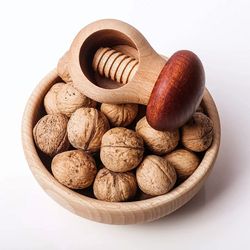 adjustable nut sheller with wooden base, mushroom shaped manual walnut opener, nut cracker tool for pecans kitchen use