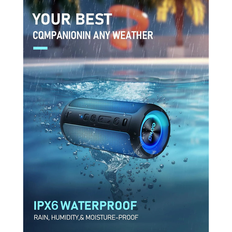 Portable Bluetooth Speaker, True Wireless Stereo, Waterproof Outdoor Speakers, LED Light, TF Card, Bass Boost