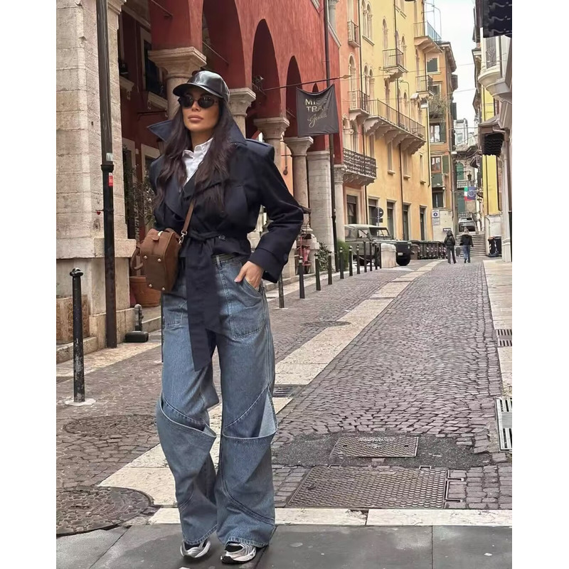 Womens Trench Coat Wind Style Double Breasted Belted Lapel Jacket Short Long Sleeve Coat 2