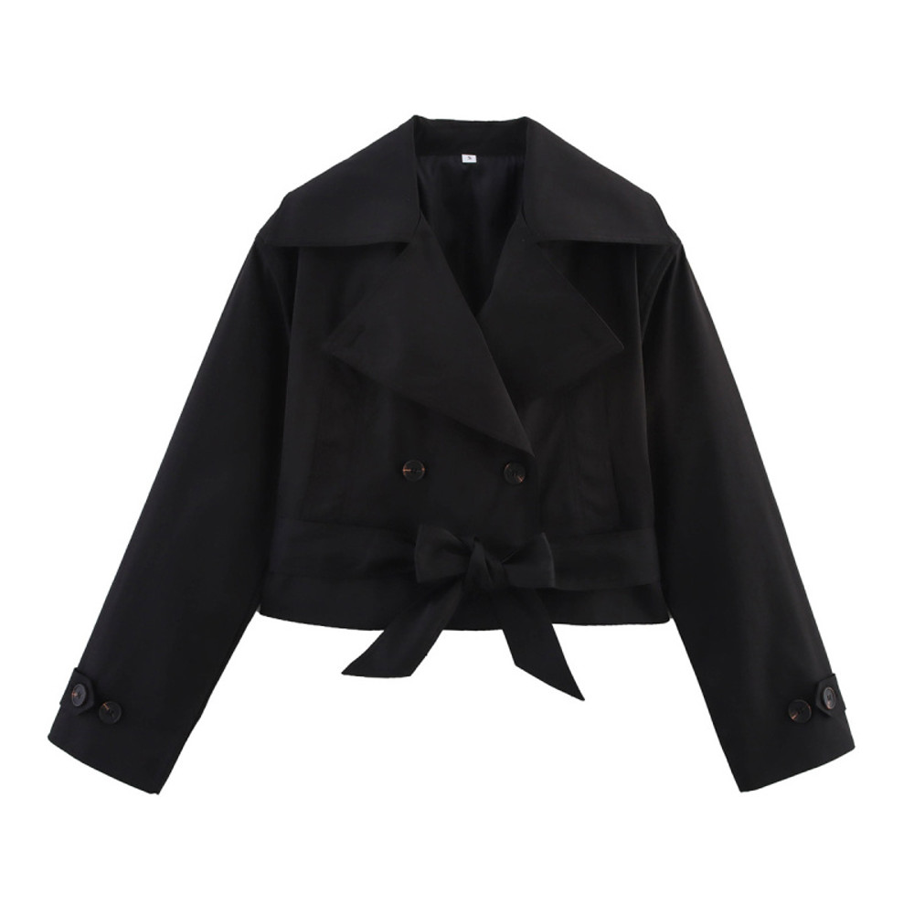 Womens Trench Coat Wind Style Double Breasted Belted Lapel Jacket Short Long Sleeve Coat 5