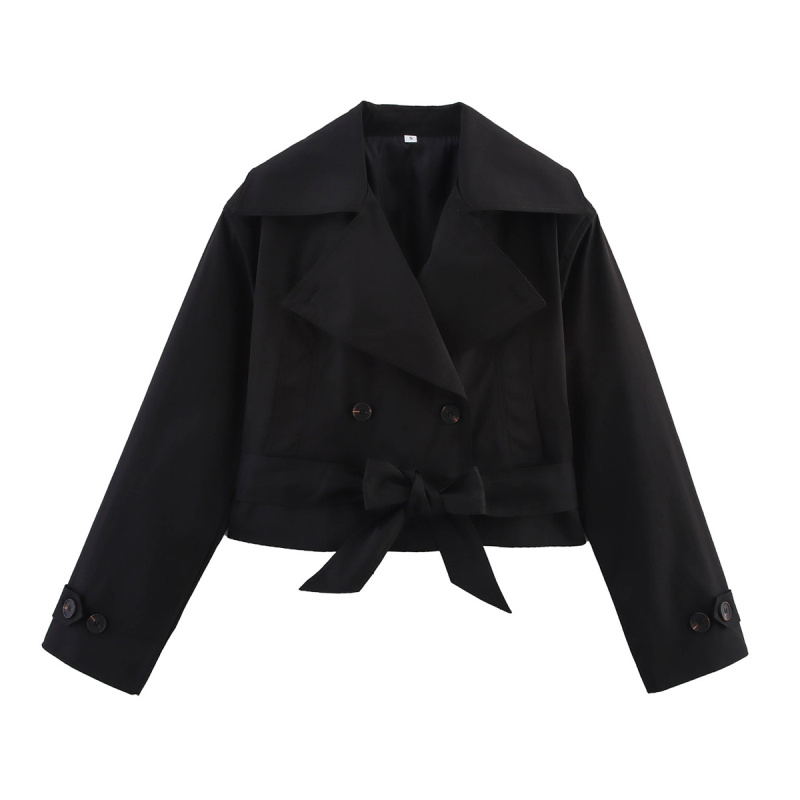 Womens Trench Coat Wind Style Double Breasted Belted Lapel Jacket Short Long Sleeve Coat 5