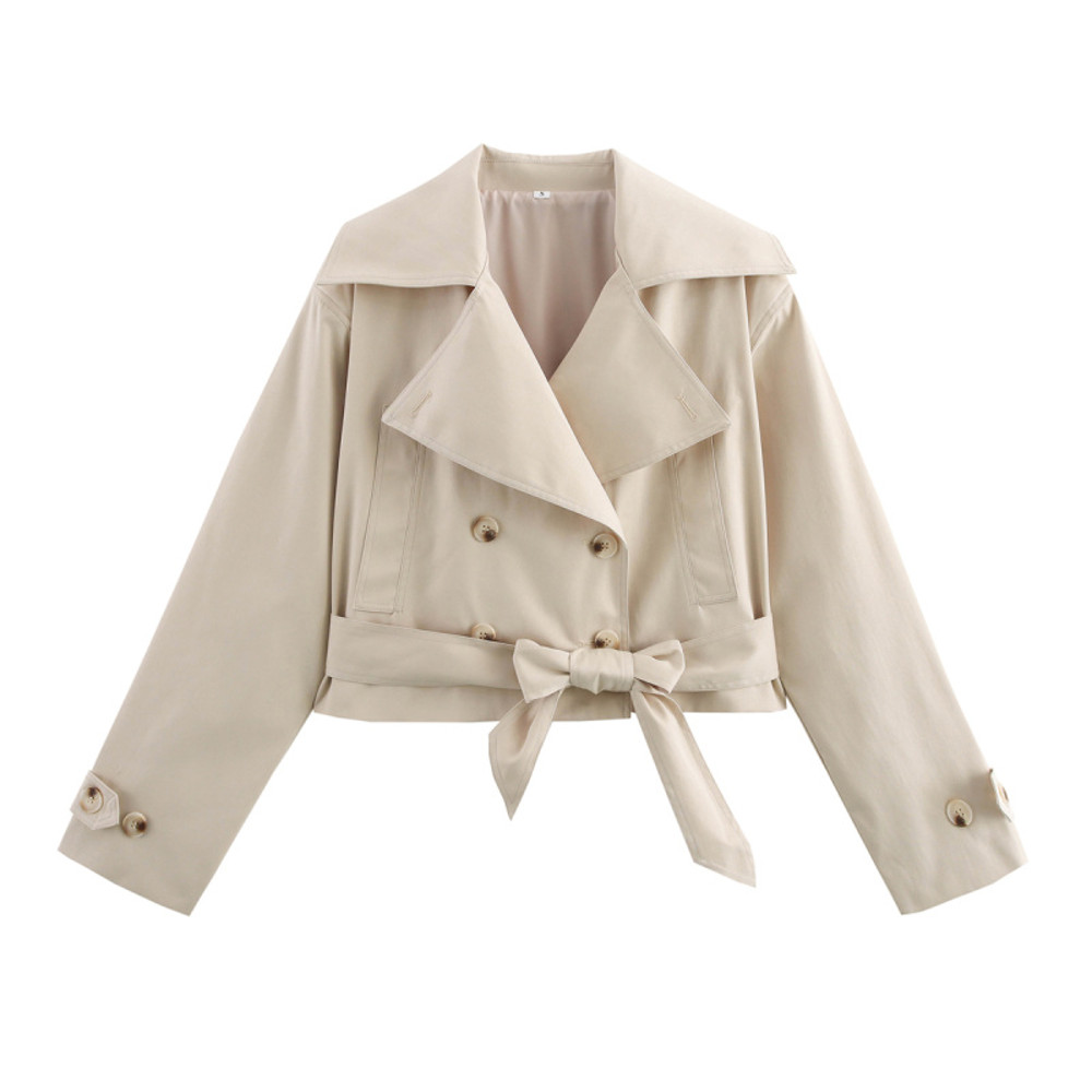 Womens Trench Coat Wind Style Double Breasted Belted Lapel Jacket Short Long Sleeve Coat 7