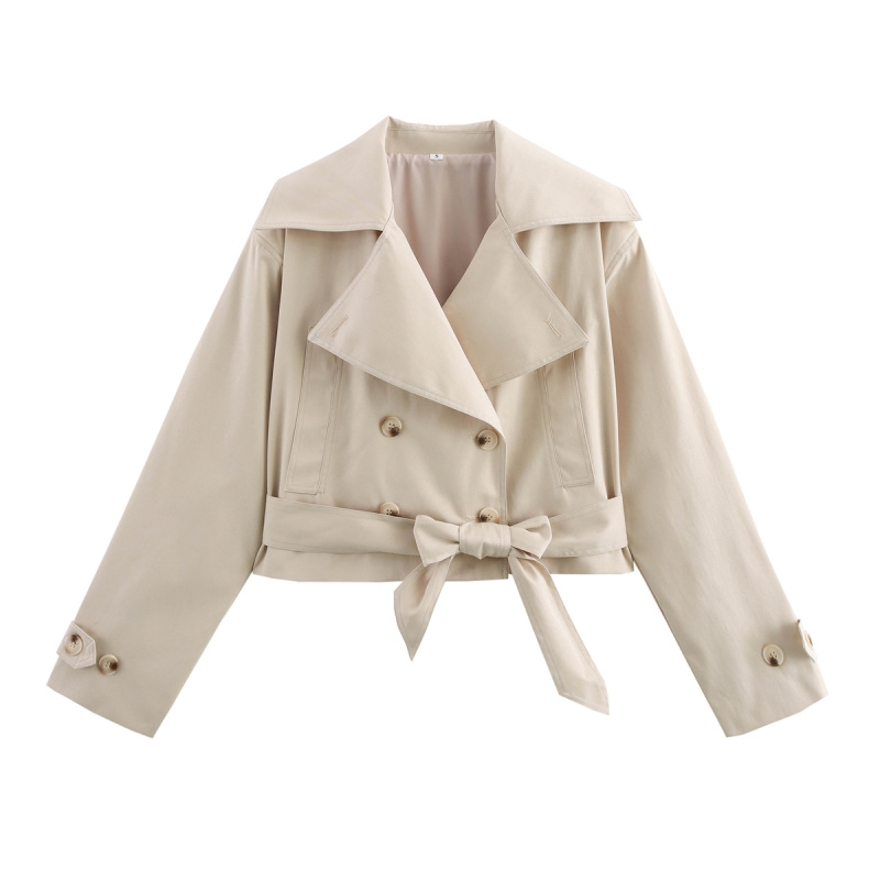 Womens Trench Coat Wind Style Double Breasted Belted Lapel Jacket Short Long Sleeve Coat 7