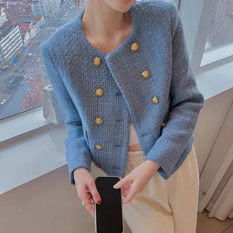 Short Mixtures Jacket Women, Half Blue Tweed Wool Blend Coat, Medium Fashion , Style High Quality Clothing