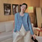 Short Mixtures Jacket Women, Half Blue Tweed Wool Blend Coat, Medium Fashion , Style High Quality Clothing