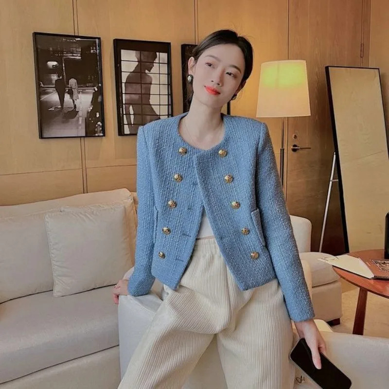 Short Mixtures Jacket Women, Half Blue Tweed Wool Blend Coat, Medium Fashion , Style High Quality Clothing