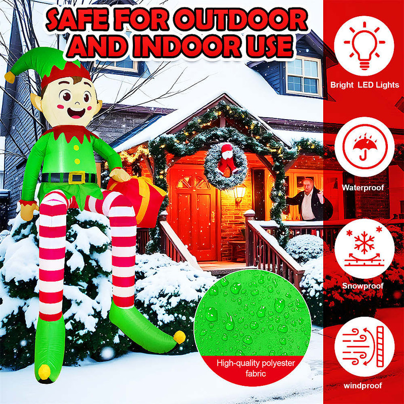 Christmas Inflatable Sitting Elf Builtin LED Outdoor Beam Roof Tree Party Yard Decoration 4