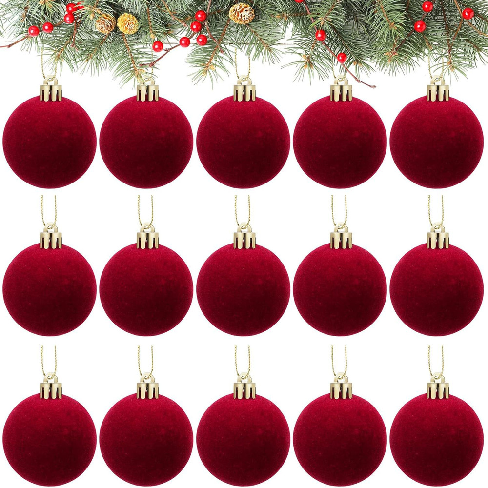 Wine Red Velvet Christmas Balls , Flocked Xmas Tree Ornaments, Festival Hanging Pendants Home Decor