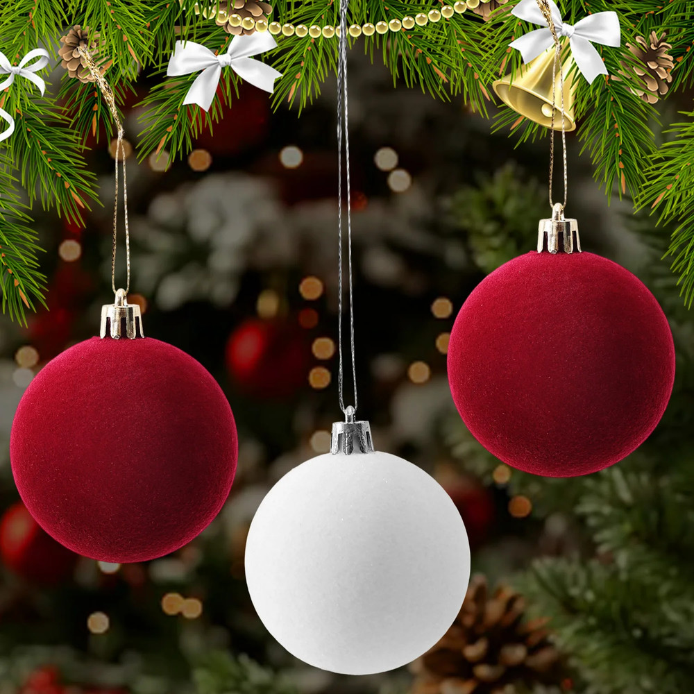 Wine Red Velvet Christmas Balls , Flocked Xmas Tree Ornaments, Festival Hanging Pendants Home Decor
