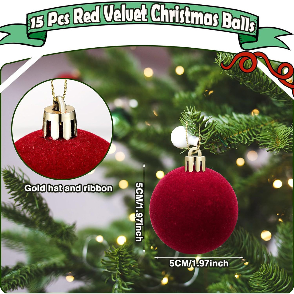 Wine Red Velvet Christmas Balls , Flocked Xmas Tree Ornaments, Festival Hanging Pendants Home Decor