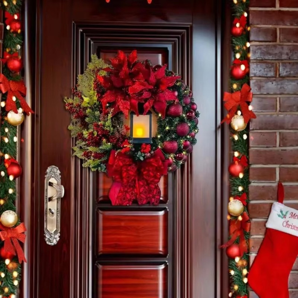 Front Door Garland With Large Bow Christmas Wreath With Lantern Seasonal Ornament Christmas Decorat 1