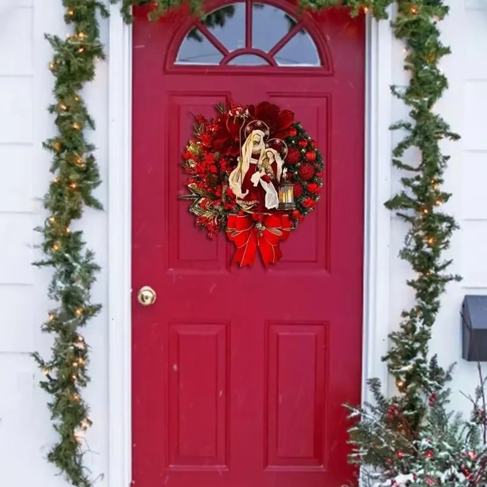 Front Door Garland With Large Bow Christmas Wreath With Lantern Seasonal Ornament Christmas Decorat 2