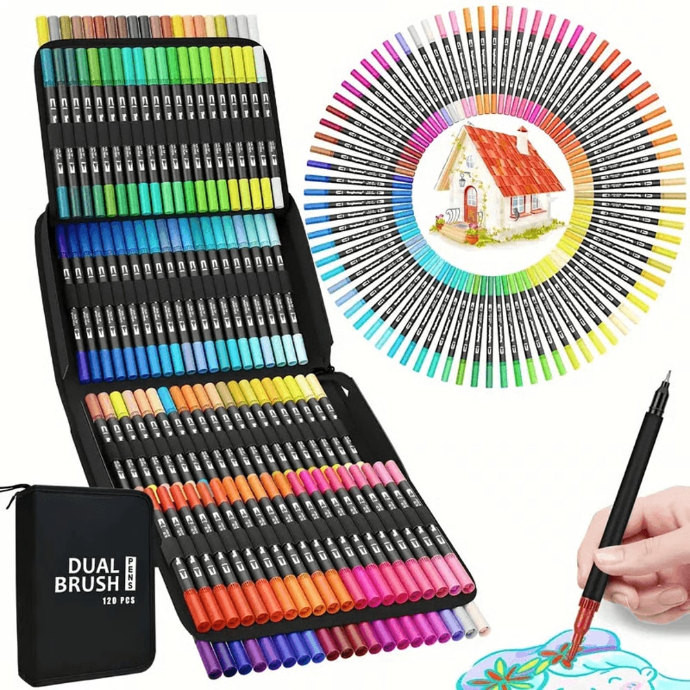 Dual Tip Brush Pens For Coloring Books Artists Vibrant Markers Kit 3