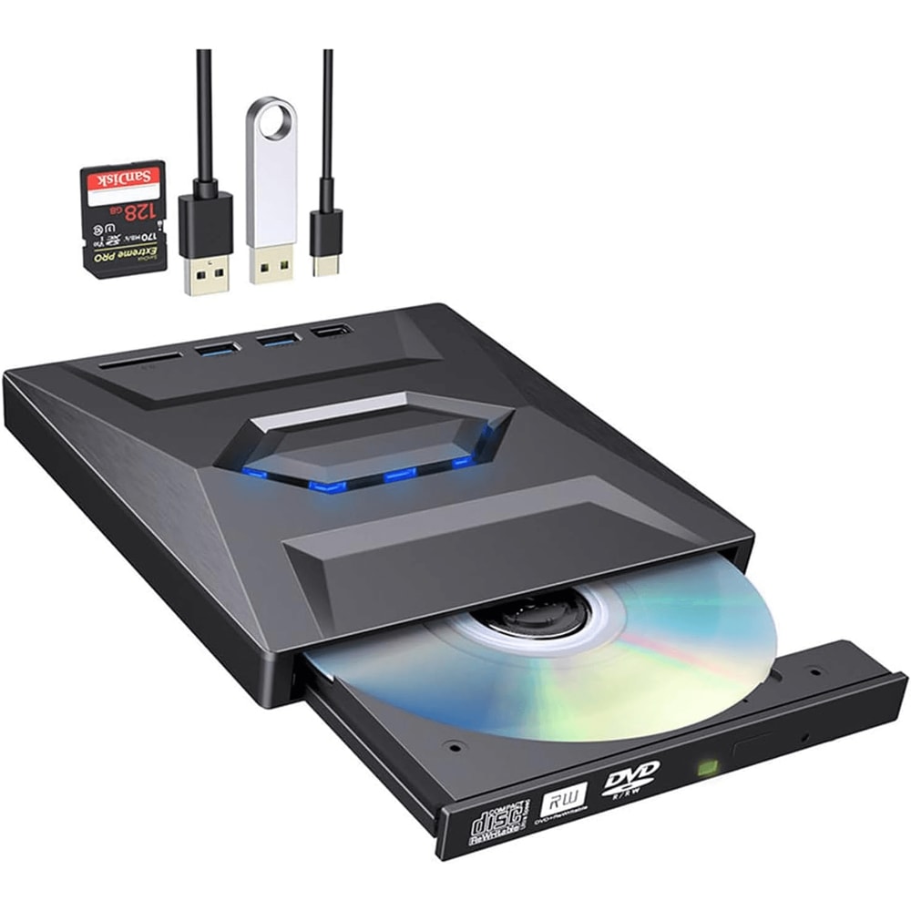 External CD DVD Drive USB, Writer Burner Player for PC Laptop Windows Mac, Portable Optical Drive with SD/USB Hub