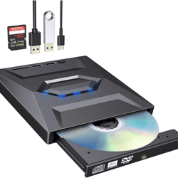 external cd dvd drive usb, writer burner player for pc laptop windows mac, portable optical drive with sd/usb hub