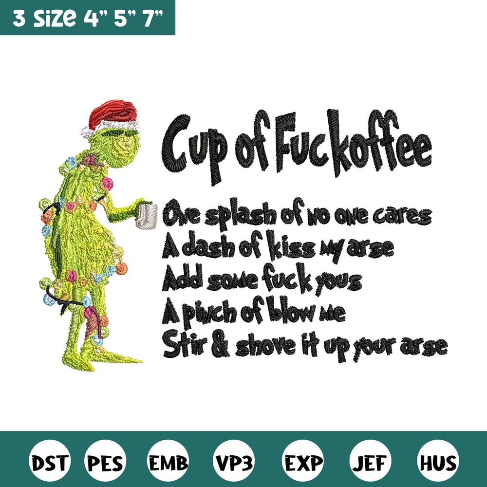 Cup of fuckoffee grinch Embroidery design, Grinch Embroidery, Grinch design, Embroidery File, Instant download..jpg