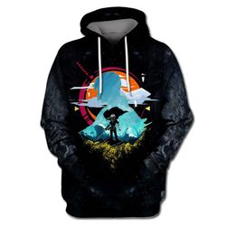 black pullover with swordsman under sunset print
