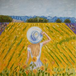Sunflower field painting Girl in the field wall Original oil painting