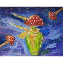 Fly agarics oil painting Mushrooms oil painting Alice Wonderland wall art