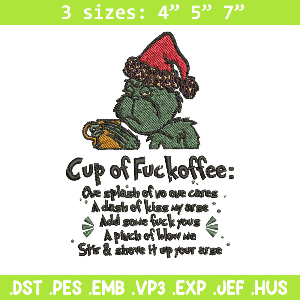 Cup of fuckoffee grinch Embroidery design, Grinch christmas Embroidery, Grinch design, Embroidery File, Instant download.jpg