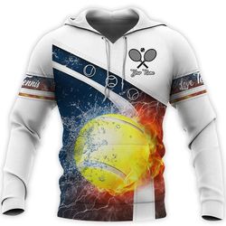 custom name 3d tennis hoodie, tennis shirt with fire ball pattern, tennis lover gift