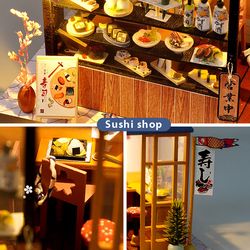 Wooden assembled dollhouse model Sushi Shop model comes with assembly tools and silicone glue